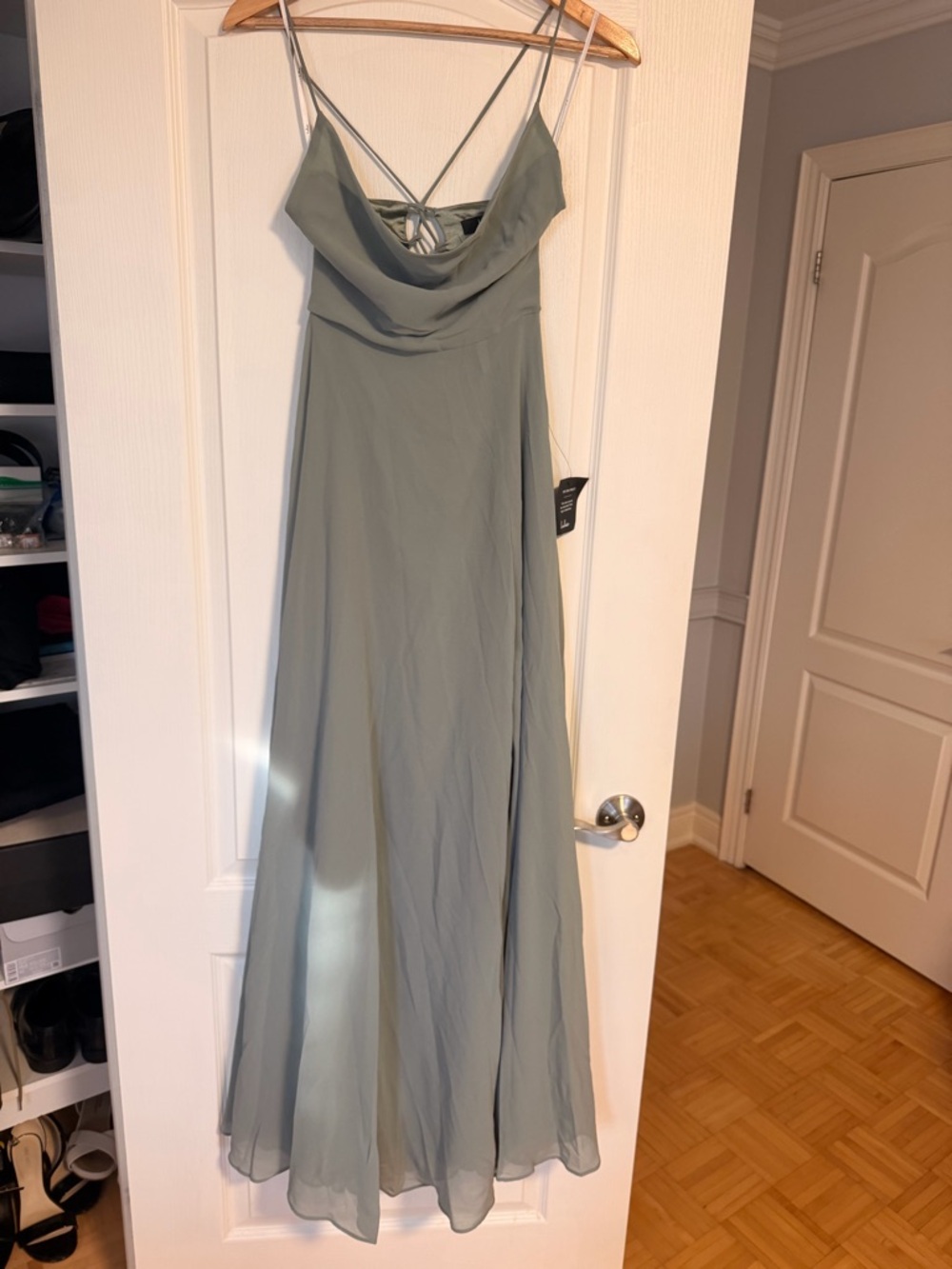 Lulu's Sage Green Cowl Neck Spaghetti Strap Maxi Dress